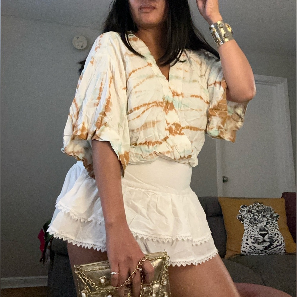 Women's Tie-Dye Top - Cream and Brown